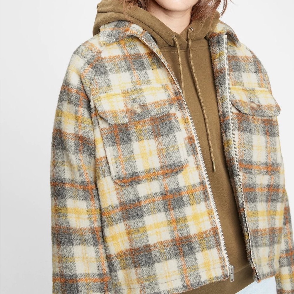 GAP Women’s Cropped Wool-Blend Plaid Zip Shacket Jacket — Yellow Gray — Size S